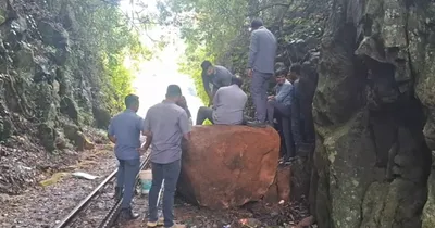 குன்னூர் அருகே தண்டவாளத்தில் சரிந்து விழுந்த பாறை   பாதியில் நிறுத்தப்பட்ட உதகை மலை ரயில் 